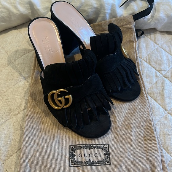 GUCCI Black Suede Fringe Mules - Picture 1 of 11
